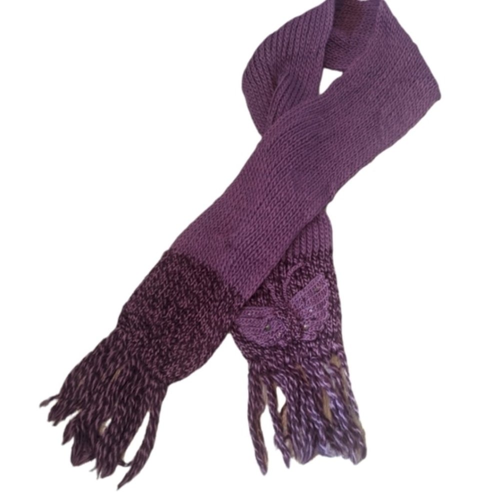Women's Purple Knit Scarf With Butterfly Design And Rhinestones-Winter-Gift